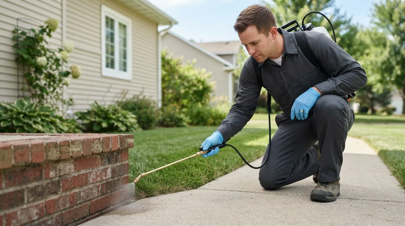 Pest control technician treating a home near Lincoln, MO